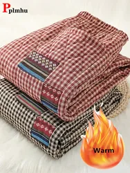 Vintage Patchwork Plaid Quilted Pants Casual Thicken Cotton Padded Harem Pantalones High Waist Warm Moms Trousers Winter Spodnie