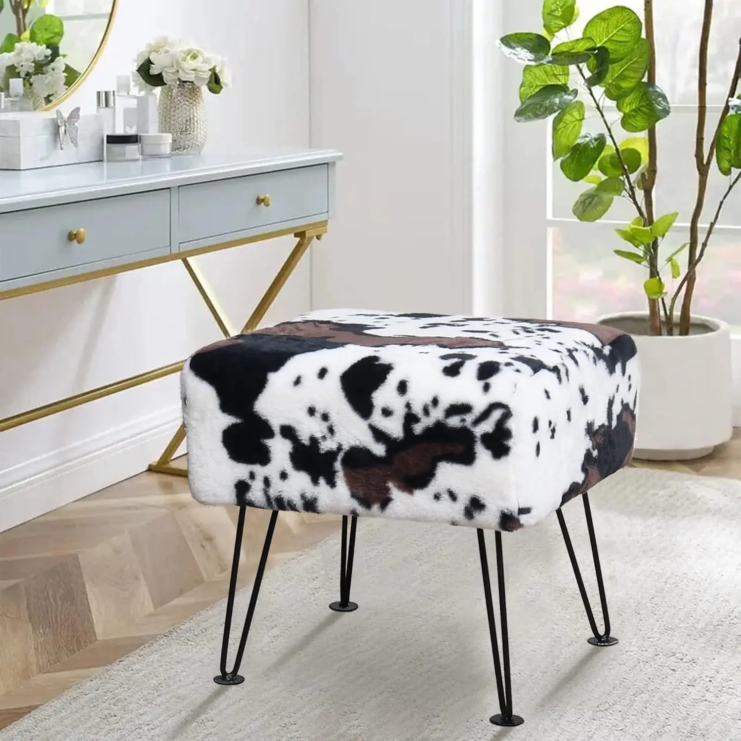 

Cow Flower Type Ottoman Bench 17"" X 17"" X 17"" Square Footrest Upholstered Mink Fabric Decor For Living Room End Of Bed
