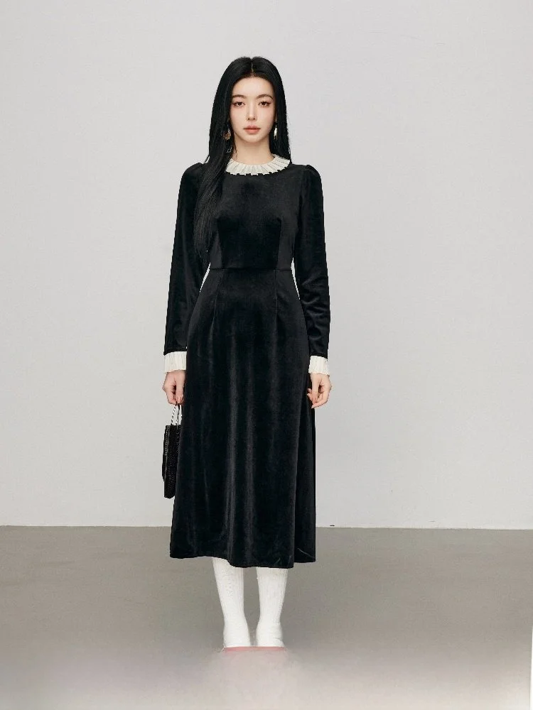 

Chill Zoe Velvet Ruffle Dr Women's Faionable Skirt Long Sve Autumn Winter New Sle Fairy Sle Polyester Spandex