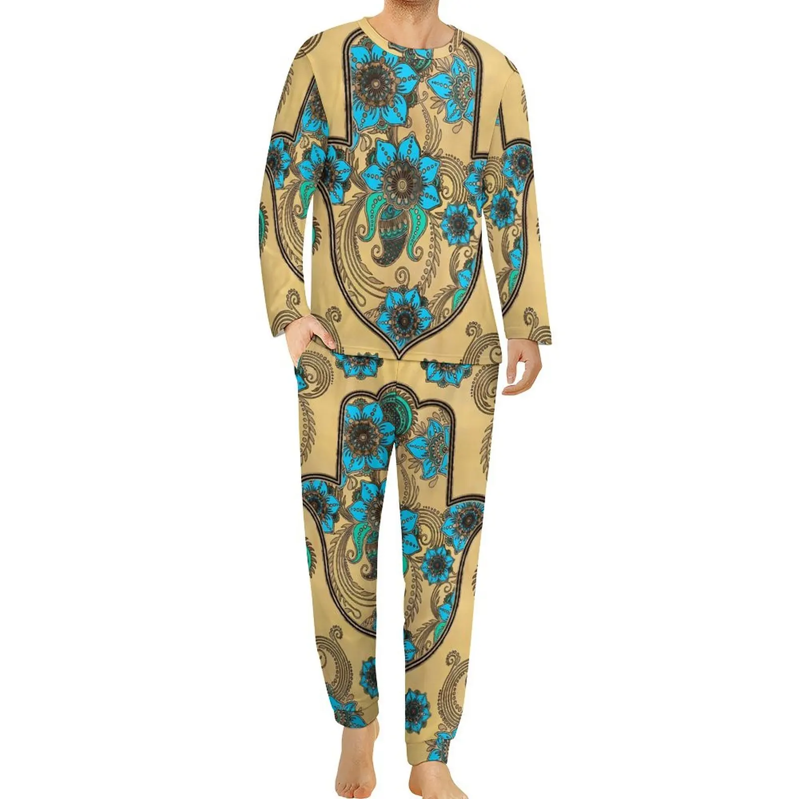 Retro Hamsa Hand Pajamas Spring Blue Floral Print Aesthetic Nightwear Men 2 Pieces Long Sleeve Lovely Oversized Pajamas Set