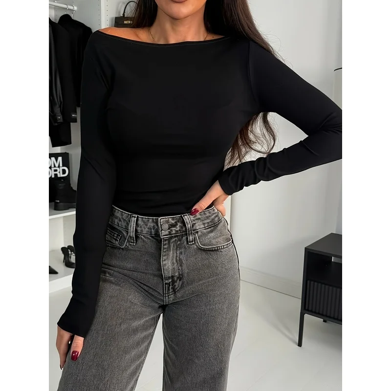 Women'S Elegant Asymmetrical Off-Shoulder Ruched Long Sleeve T-Shirt - Drop Shoulder Slim Fit T-Shirt,Medium Stretch,Solid Color