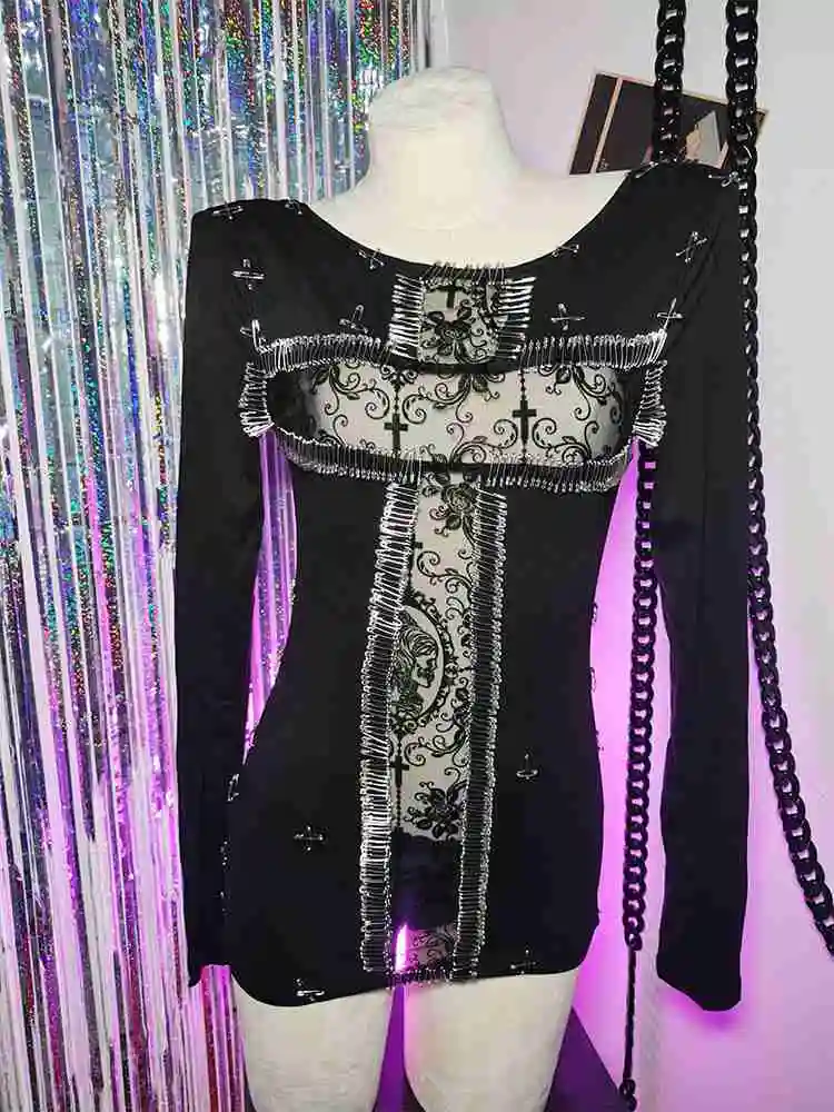 

Harajuku Cross Festival Outfit Pin Grunge Long-sleeved Goth Punk Rock Gothic T-Shirt Y2K TOPS Emo E-Girls Fashion Revival 90s