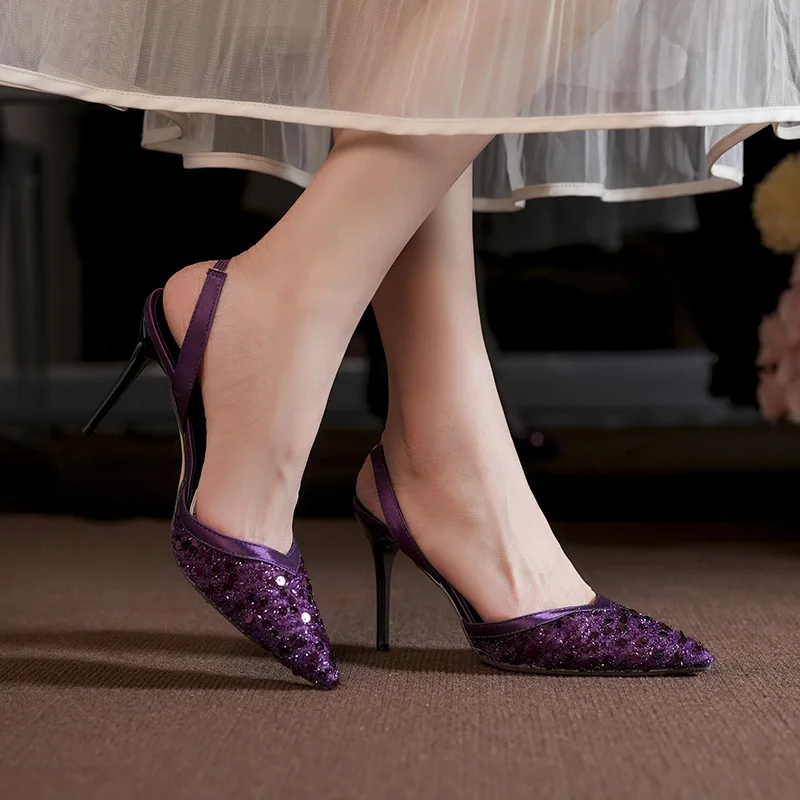 High heels 2026 summer slim heel purple sequin straight strap sexy pointed toe toe sandals with back strap single shoe