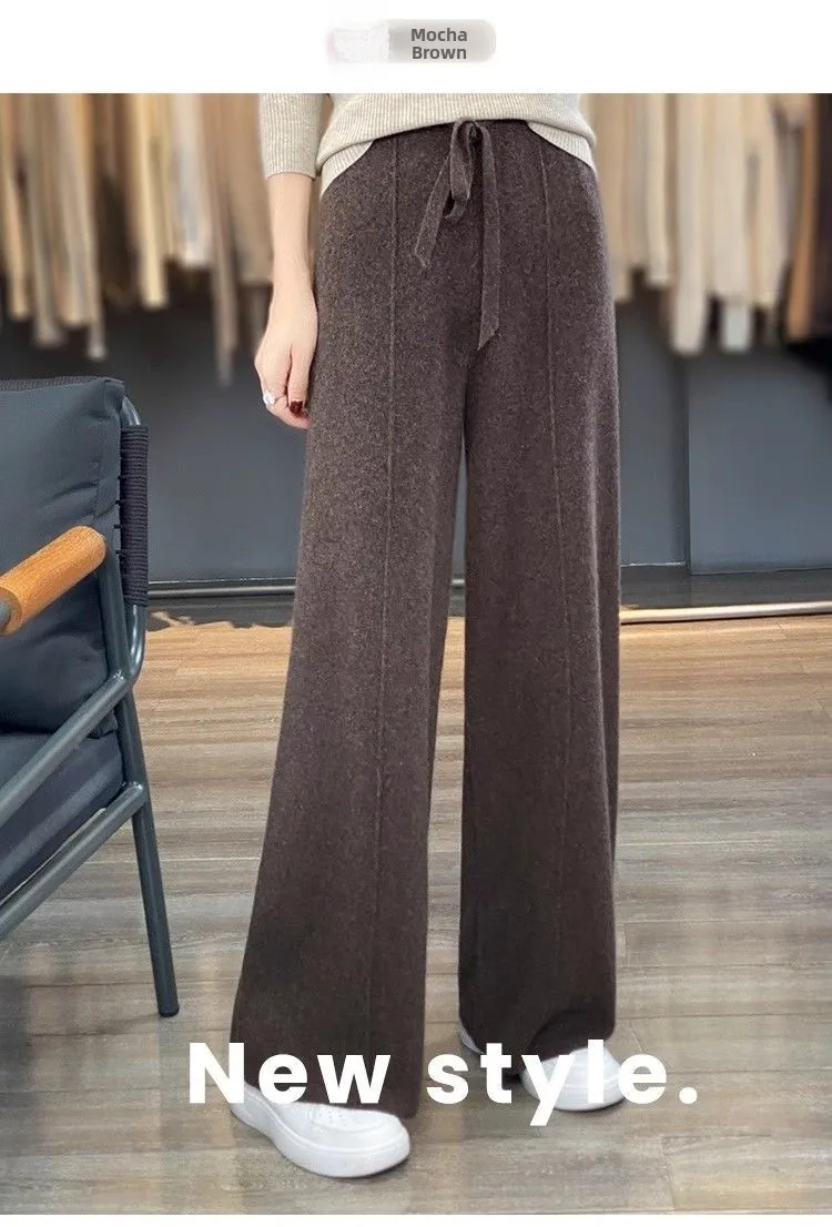 กางเกงขายาวทรงตรงเอวสูงผ้าถักเนื้อหนาสำหรับผู้หญิง สไตล์ลำลอง มีเชือกผูก เหมาะสำหรับฤดูใบไม้ร่วงและฤดูหนาว