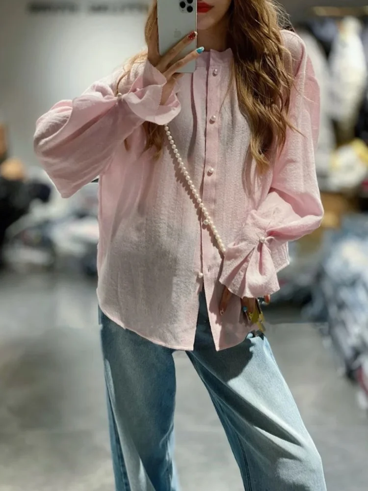 

Ele Woolen irt Women's Lantern Sve Pure Color Loose Fit Button down irt Sweet Transparent Drapey Spring Autumn