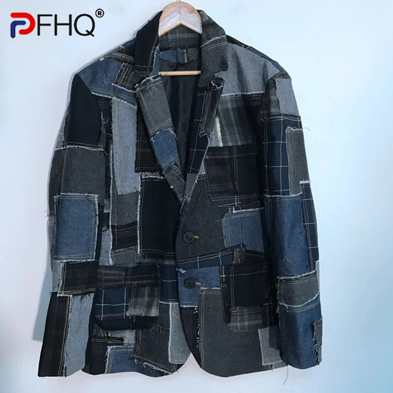 PFHQ Autumn Men\'s Denim Plaid Raw Edge Stitching Blazers Patchwork Design Cool Motorcycle Creativity Casual Button Coat 21Z1406