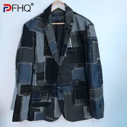 PFHQ Autumn Men's Denim Plaid Raw Edge Stitching Blazers Patchwork Design Cool Motorcycle Creativity Casual Button Coat 21Z1406