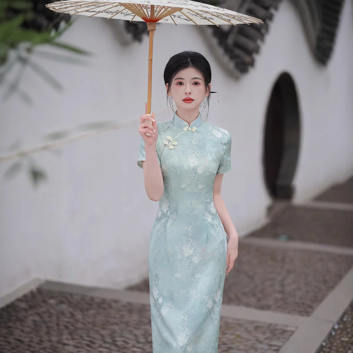 Women's Floral Print Qipao Cheongsam Dress Short Sleeve Chinese Traditional Midi Dress Elegant Wedding Guest Party Dress