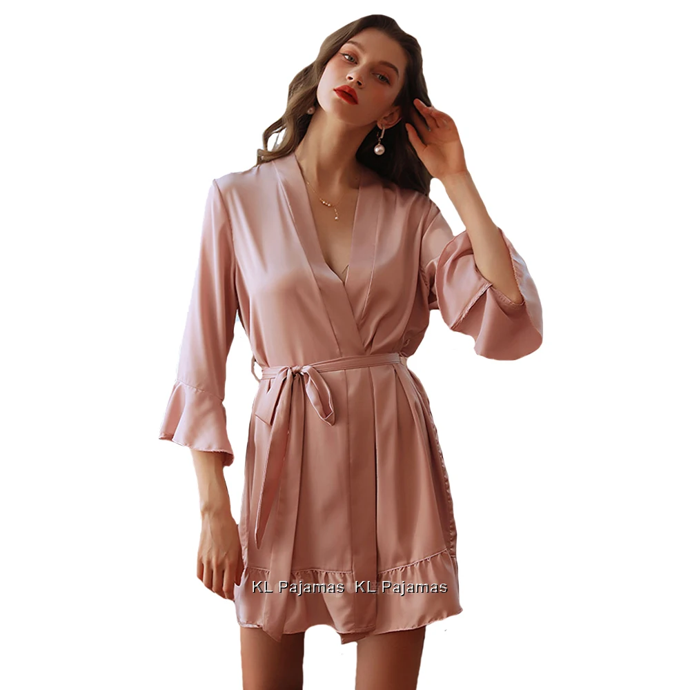 

Pink Ruffles Women's Satin Bathrobe with Belt 3/4 Long Sleeve V-neck Night Robe Silk Sleepwear Wedding Bridemaid Robe Kimono