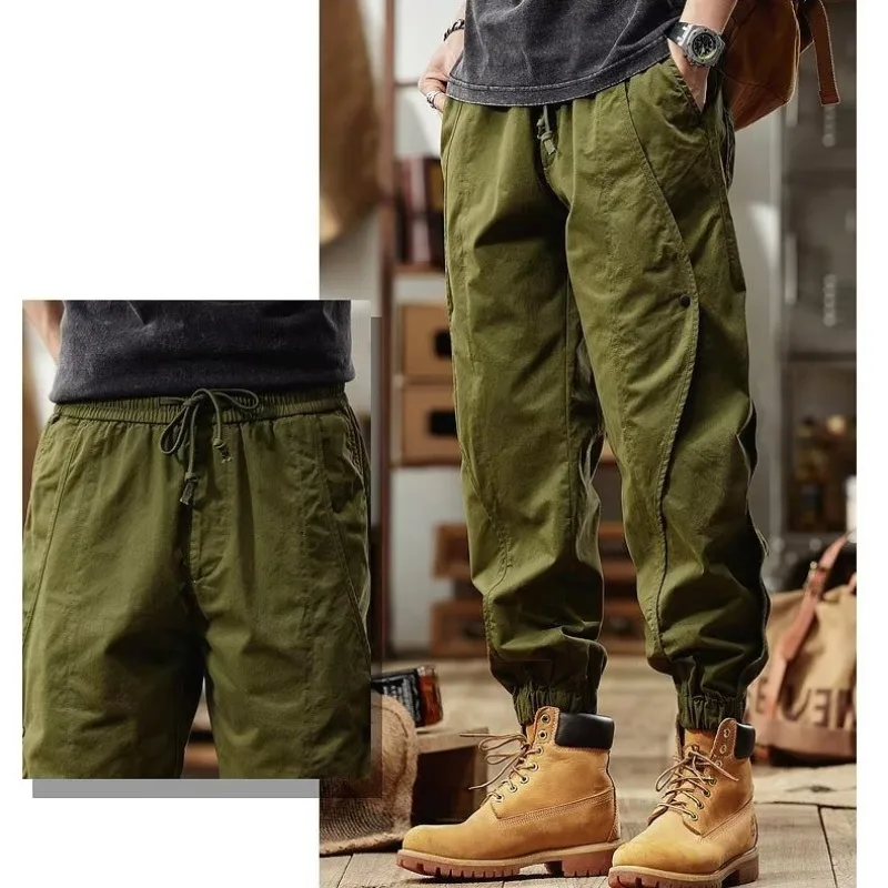 Men's Vintage Cuffed Leg Cargo Pants Autumn Wide Leg Heavyweight Outdoor Camping Casual Pants  Trousers