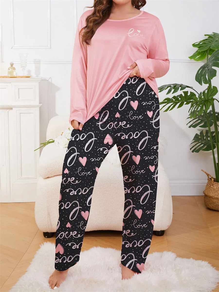 Women Valentine'S Day Love Color Contrast Plus  Pajama Casual Set Letter Heart Printed Top and Pants 2-Piece Set Pink Home Set