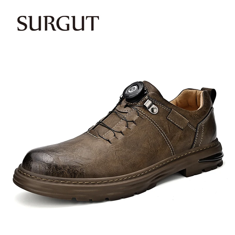 SURGUT Brand Men Shoes Leather Casual Shoes Men Rotating Buttons Flat Platform Outdoor Loafers Breathable Walking Shoes