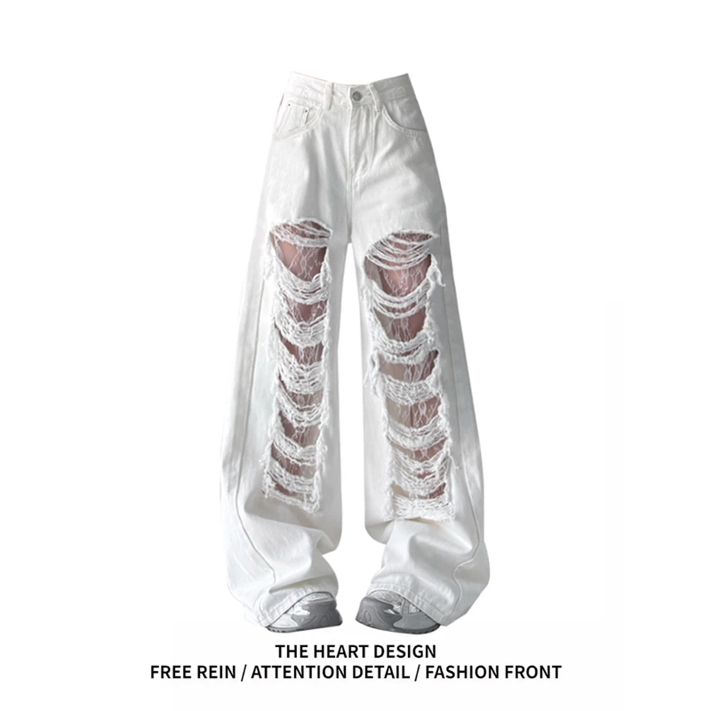 

Women's White Lace Cut-out Ripped Jeans 2025 New Spring Summer American Style Spicy Girl Loose Straight Wide-leg Female Pants