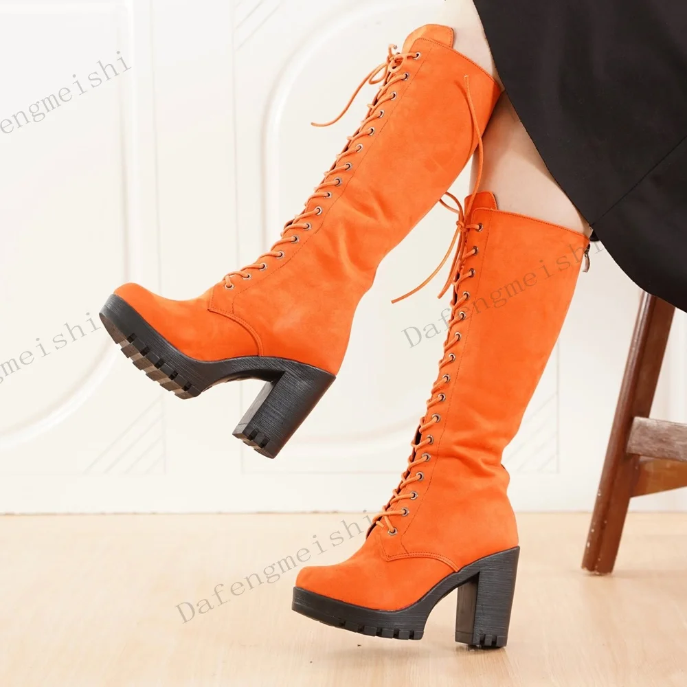 Women Winter Suede Knee High Boots Front Lace Up Platform Thick Block Heel Round Toe Boots Simple Daily Casual Commuting Boots