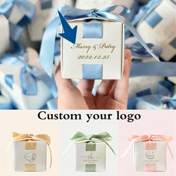 Boîte-cadeau en carton blanc avec emballage en ruban, décoration de faveur de mariage, support de boîte à chocolat, gaufrage de logo personnalisé