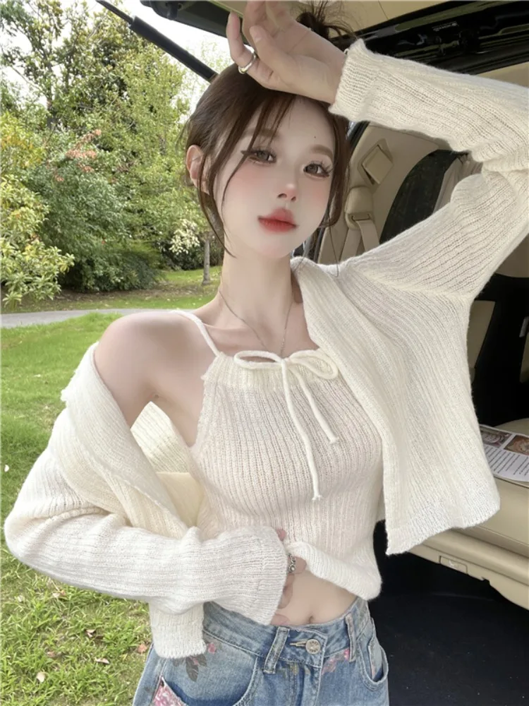 

Sexy Knitted Cardigan Sweater Women's Pure Color Versatile Strap Neck Hanging Rope Top Bottom Two-Piece Set Korean Style Commute