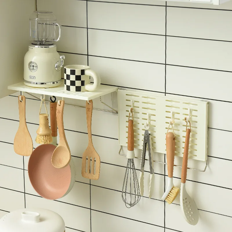 1PC Kitchen Pegboard Multifunctional Kitchen Foldable Shelf  With Hooks Wall Spice Rack Without Drilling cookware organizer