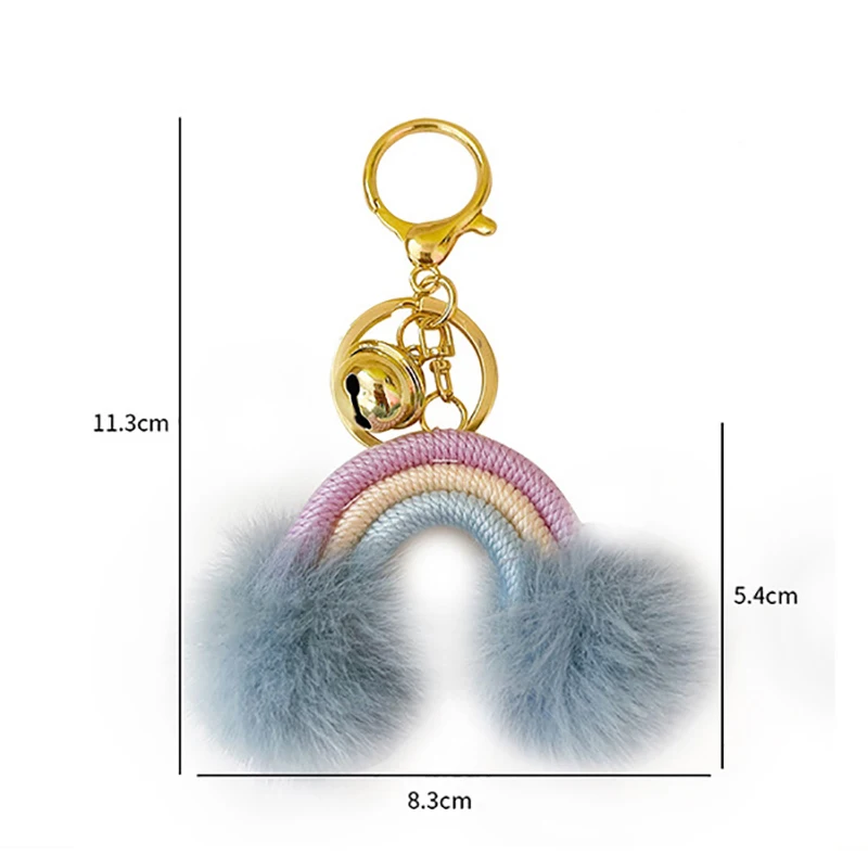 10pcs Keychain  Bohemian Rainbow Pompom Plush Ball Pendant Bell Key Ring