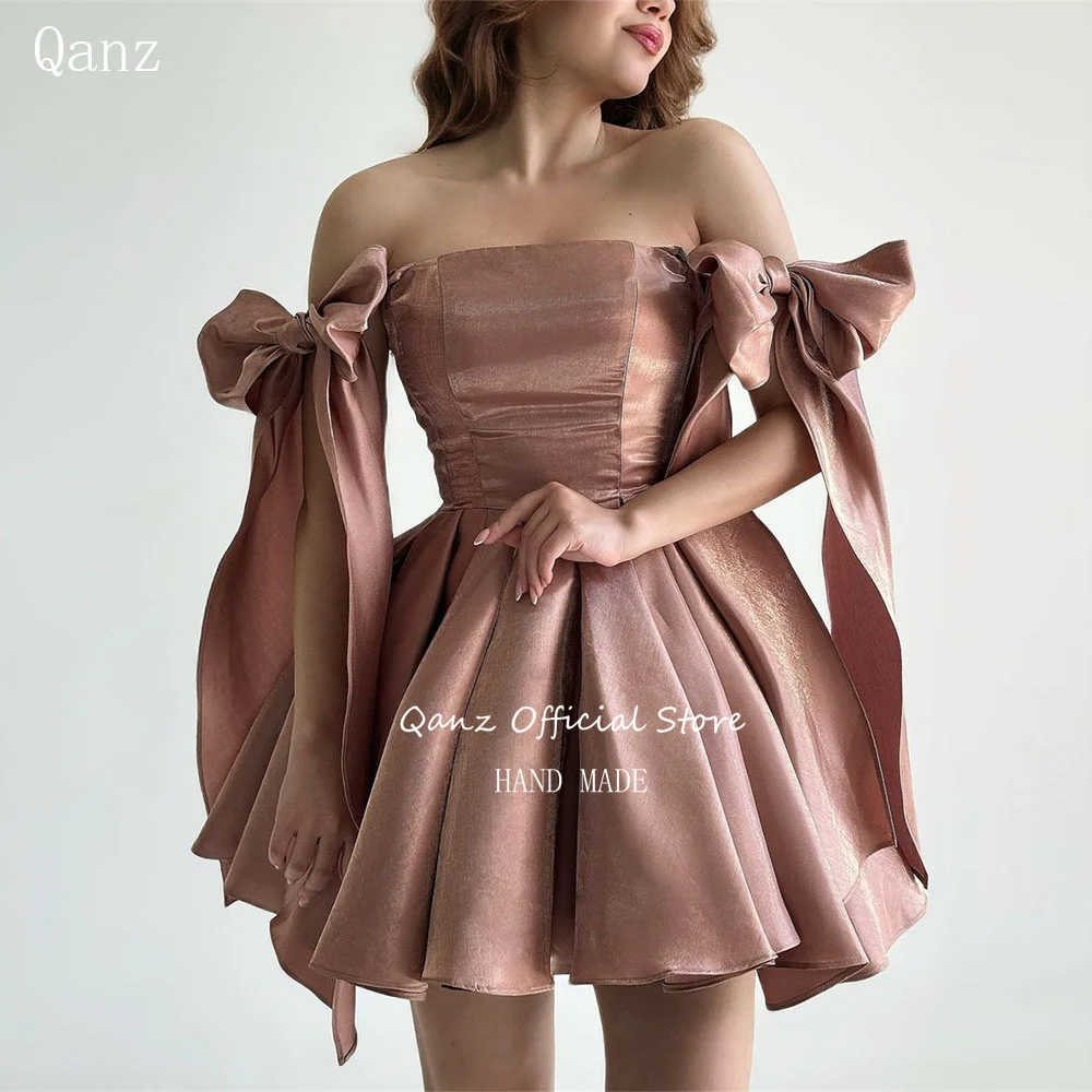

Qanz Shiny Satin Prom Dresses Bow Strapless Short Vestidos De Graduación Backless A Line Birthday Dress Women 2025 Customized