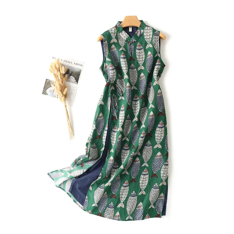 

Summer New Simple Green Chinese Style Cheongsam Improved Summer Casual All-match Temperament Women Long Dress Long Dress