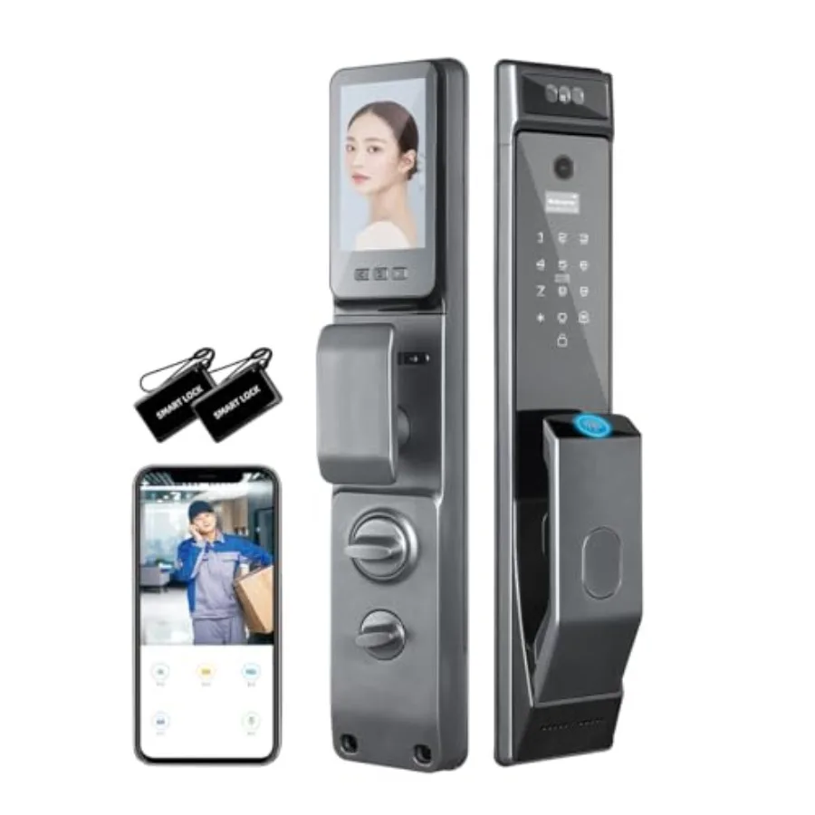 

Smart Door Lock with Camera for Home Security: Aluminum Alloy, Black, 3D Face Recognition, Fingerprint Biometrics, Wi-Fi Remote
