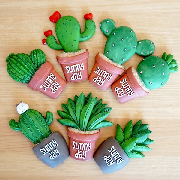 Succulent Cactus Fridge Magnet Plant Creative Resin Refridgerator Magnets Home Decoration Sticker Kitchen (Three Cactus)