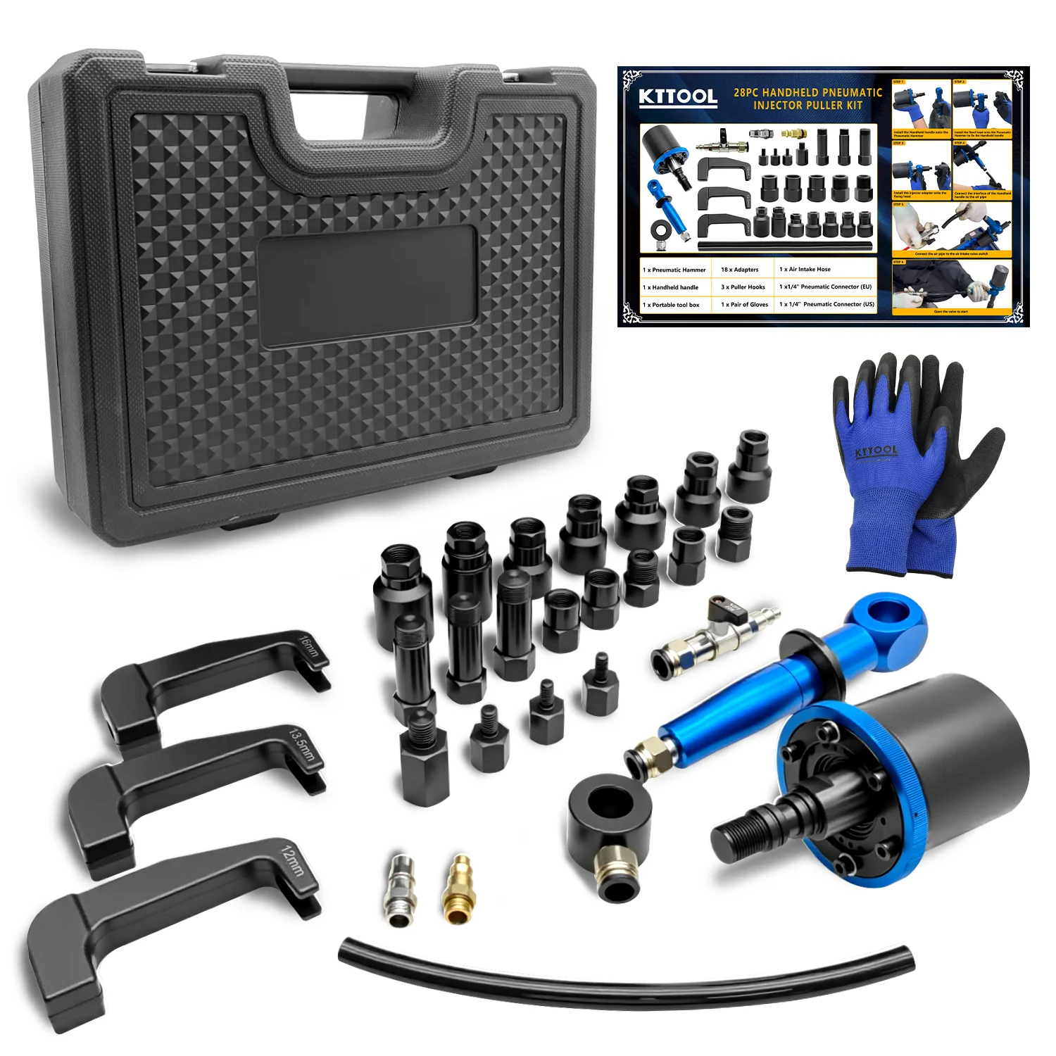 28 Piece Pneumatic Diesel Injector Puller Kit, Pneumatic Injector Extractor with 18 Adapters for Various Connection Types
