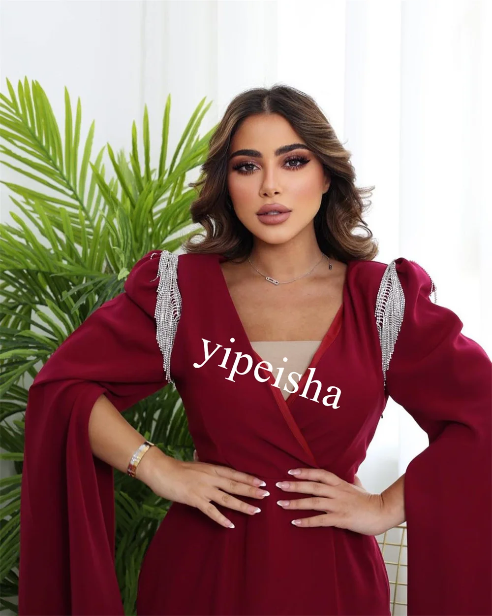 Personalizado jérsei borla festa de casamento a linha com decote em v vestido de ocasião sob medida midi es vestidos da arábia saudita