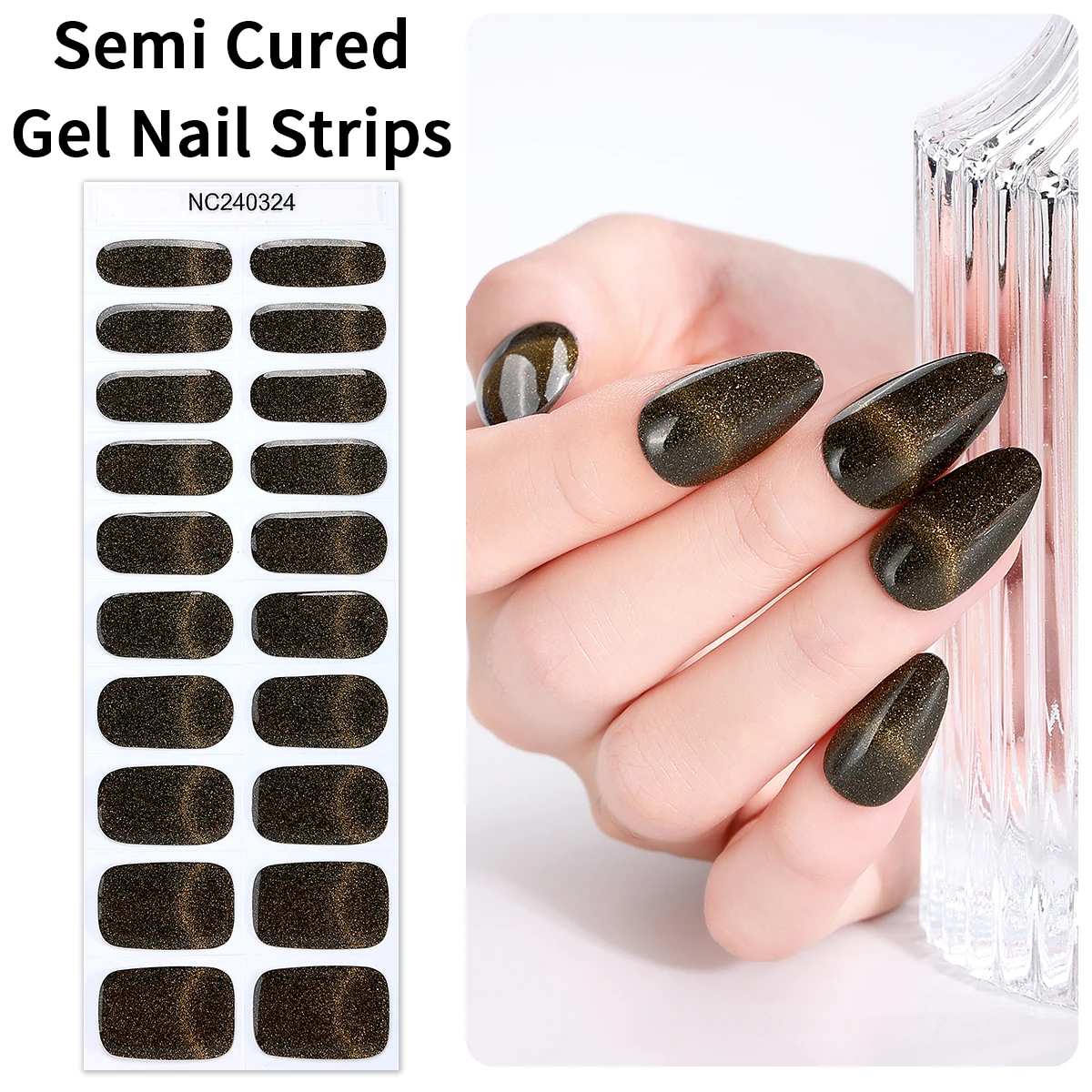 20Tips Semi Cured Gel Nail Strips Gradient Sparkly Shiny Cat Eye Gel Nail Wraps Long-Lasting Full Cover Nail Art Sticker Decor