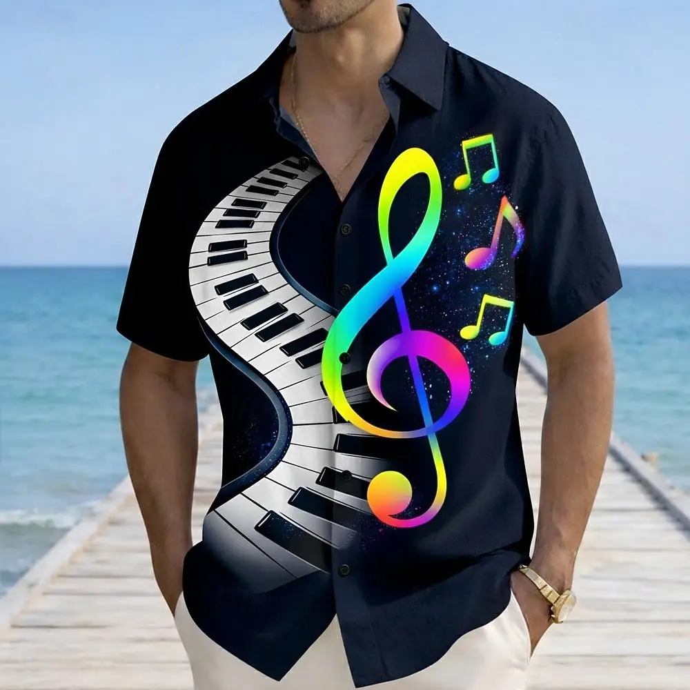 

Мужская рубашка с фортепиано и музыкальными нотами, летняя рубашка, рубашка на пуговицах с коротким рукавом, винтажная ретро, уличный отдых, музыкальный фестиваль, лето