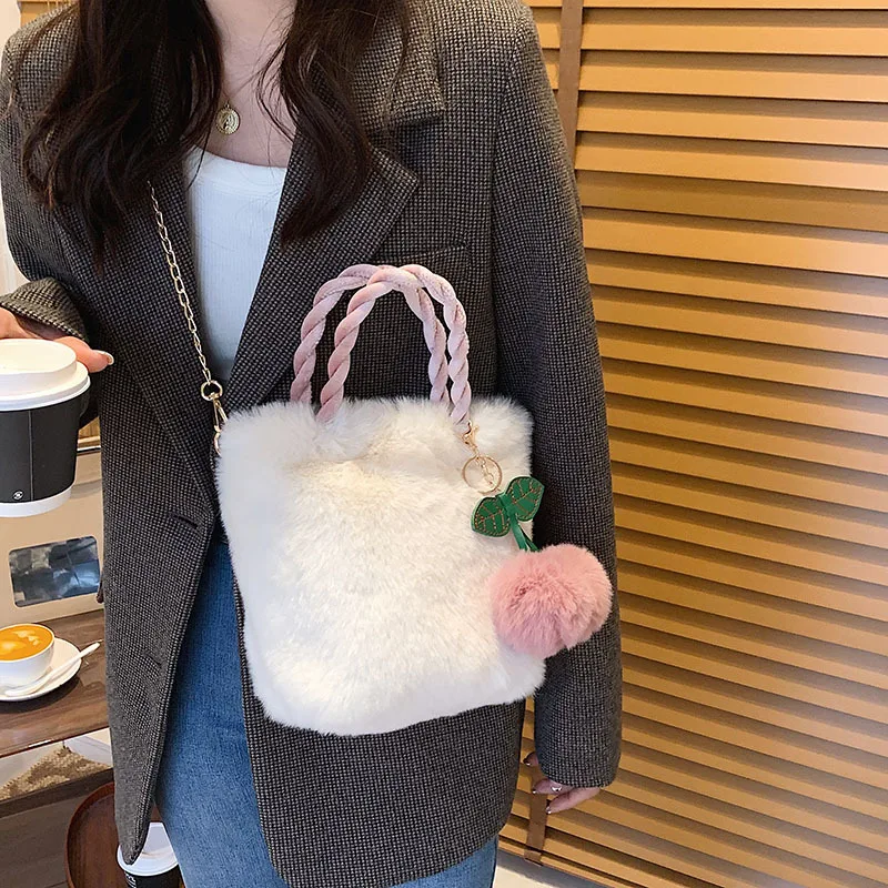 Cherry Plush Tote Bag For Women New Autumn Light Luxury Mobile Phone Fashion Simple Single Shoulder Crossbody Chain Bucket Bag