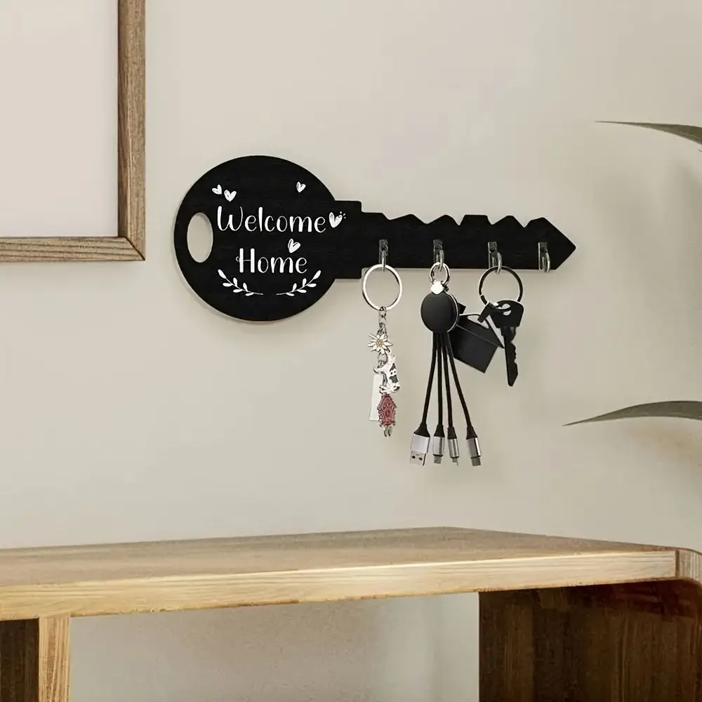 Wood Wooden Key Holder Key Shaped Rustic Style Wall Key Rack Metal Hooks Bohemian Style Key Hook Organizer Entryway Organization