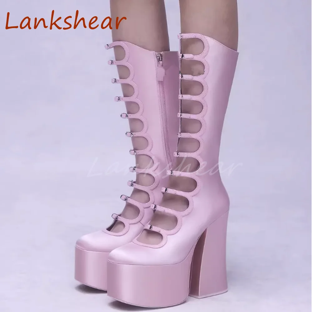 

Round Toe Platform Women Boots Knee High High Heels Square Heel Belt Buckle Buckle Strap Fashion Sexy Women Shoes 2024 Newest