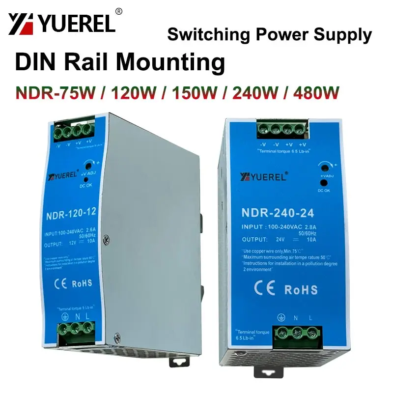 

Промышленный импульсный источник питания NDR-75W 120W 150W 240W 480W 12V 24V 48V на DIN-рейку, AC/DC, с одним выходом, трансформатор