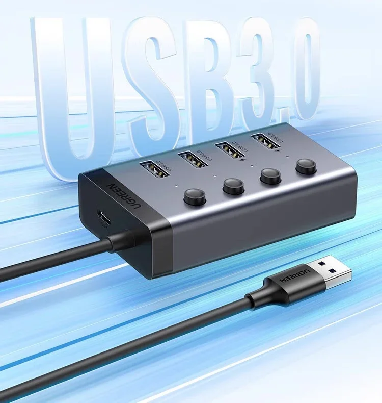 UGREEN 90874 CM613 USB 3.0 Hub 4 Port with Individual Control Switches High Speed USB Splitter for Laptop PC