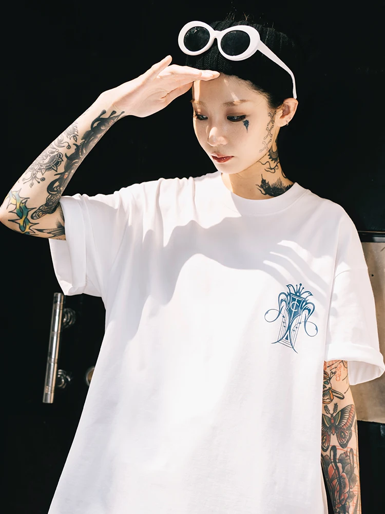 EKHLAS Double-Headed Swallow Tattoo Artist SEN Woodcut Print Illustration Street Subculture Visual T-Shirt Loose Fit Cotton C...