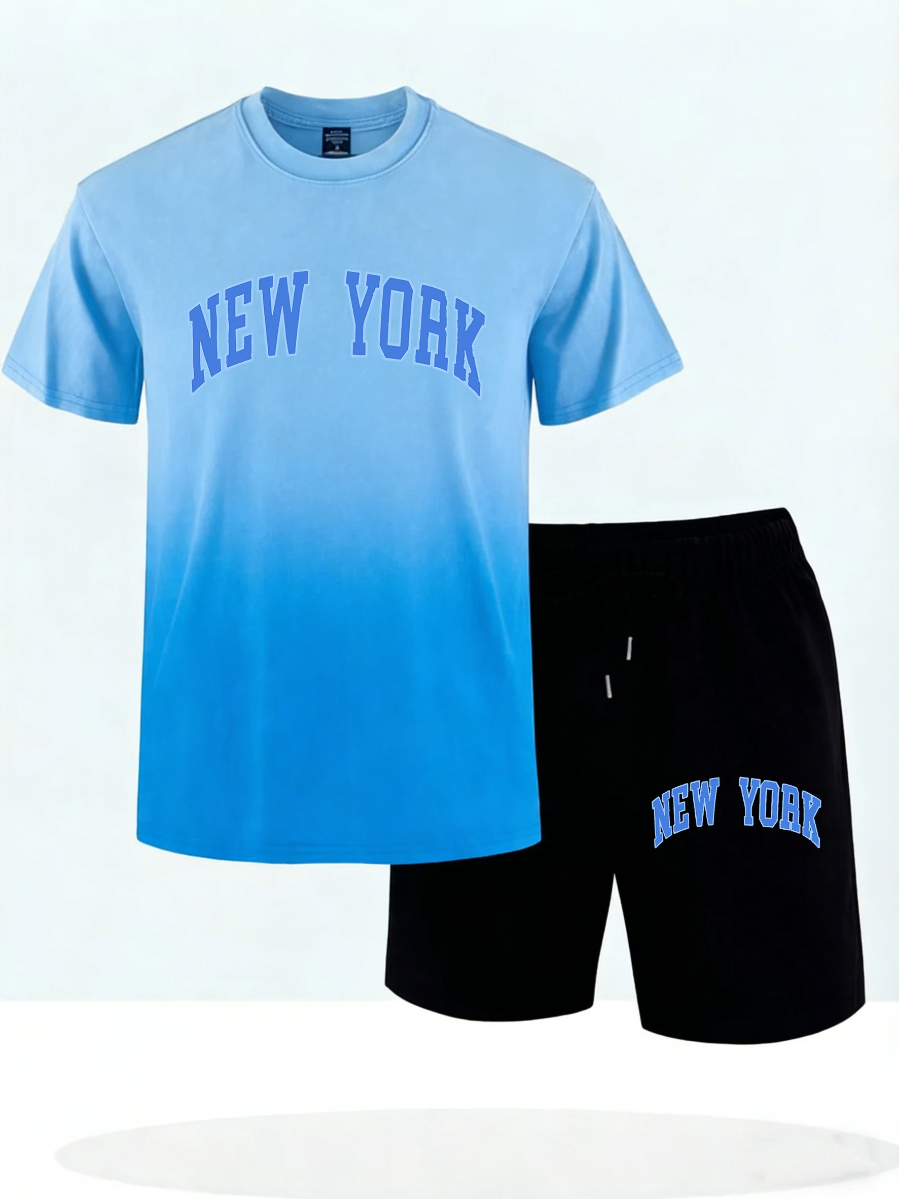

New York Letter Blue Print Man'S Summer Oversize Tie-Dye T-Shirts Set Fashion Sport T Shirt Drawstring Casual Shorts Running Top
