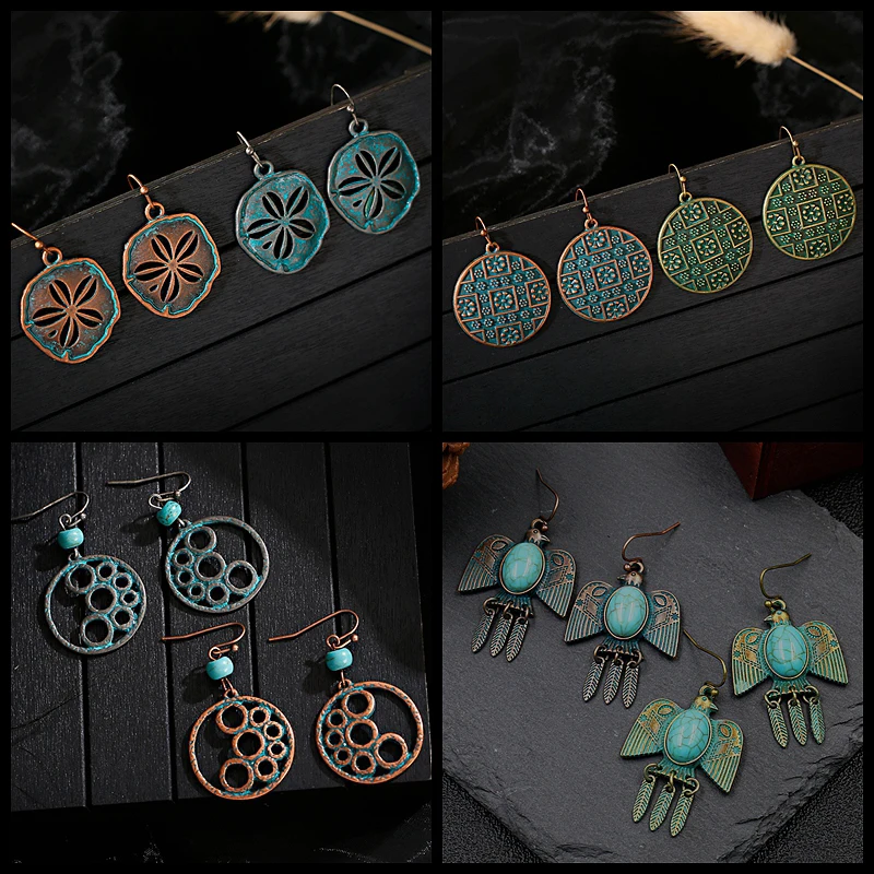 Vintage Turquoises Bird Drop Earrings Female Hollow Flower Ethnic Round Suspension Hanging Earrings Boho Jewelry Accessories