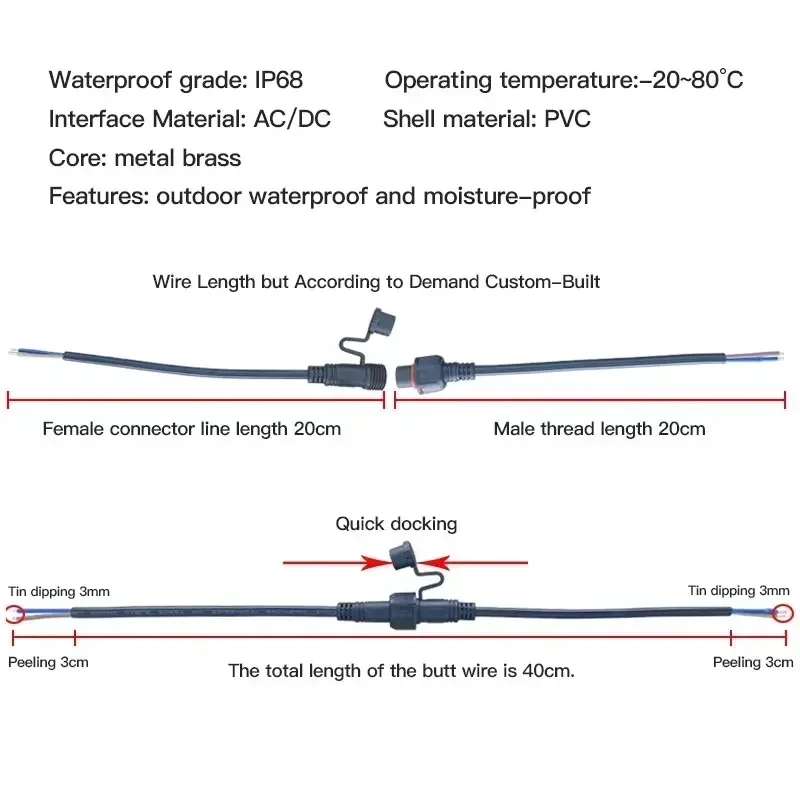 IP68 Waterproof Docking Connector 2 3 4 5 6 7 8 Pin 0.3/0.75/1.5 Square Male Female Cable Plug Extension Line Outdoor LED Wire