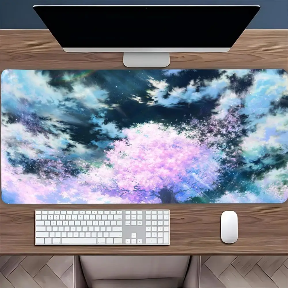 

XXL Large Gaming Mouse Pads, Pink Flowers with Sky, Rubber Non-slip Table Pad, Stitched Edges, Perfect for Office and Gamers