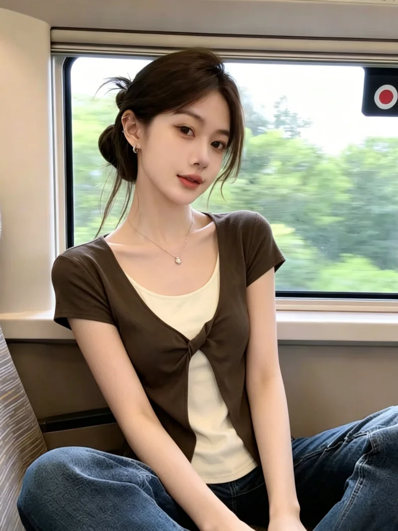 

Summer New Design Short Sleeve T-Shirt Women's Retro Color Block Knot Knot Top Self-Kept Style Korean Version Slim Fit Shirt