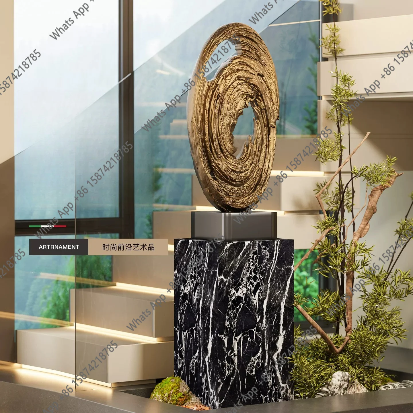 Vb Gilt Annual Ring Ornament, Modern Abstract Art, Fiberglass Floor Sculpture, Sales Department, Hotel Lobby Decoration