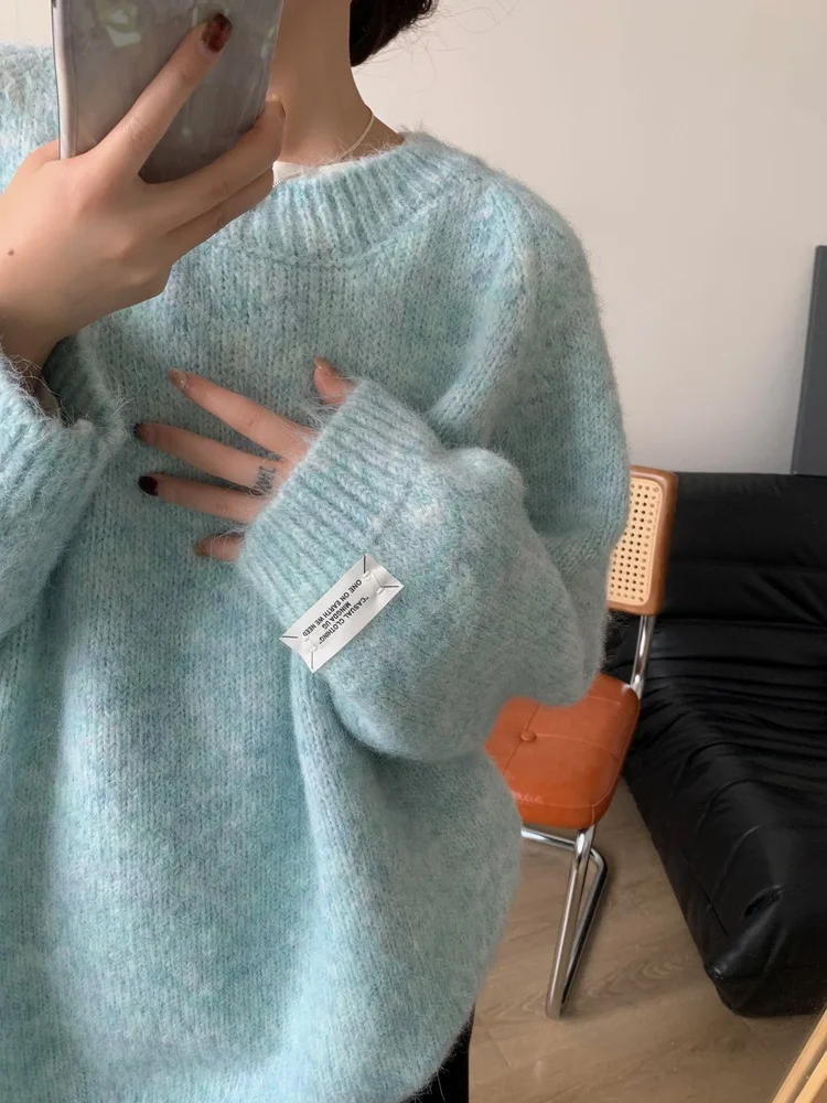 เสื้อสเวตเตอร์ถักนิตติ้งเนื้อนุ่มสไตล์เกาหลี รุ่น Mint een Lazy Sle Thiened สำหรับผู้หญิง ไซส์ใหญ่ ทรงหลวม ใส่สบาย เหมาะสำหรับฤดูใบไม้ร่วงและฤดูหนาว ให้ความอบอุ่น สไตล์ลำลอง เหมาะสำหรับใส่ไปทำงาน