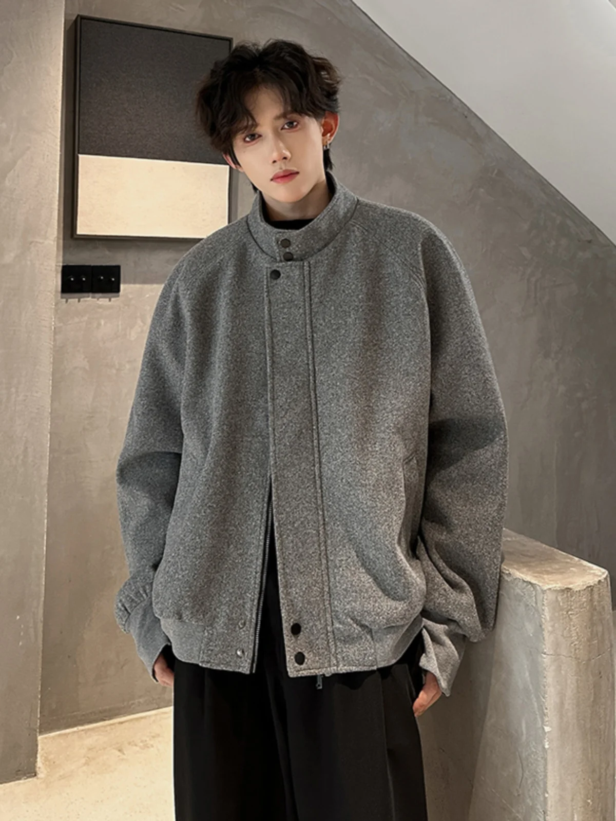 

Autumn Winter Thiened ort High Collar Men's Woolen Jaet Loose Fit Faionable Windbreaker Coat Youthful Korean Sle