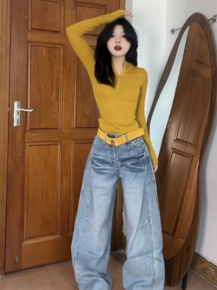 เสื้อยืดทรงเข้ารูป แขนยาว ผู้หญิง เซ็กซี่ สไตล์อเมริกัน สาวฮอต คอเปิด ดีไซน์เอวต่ำ สำหรับฤดูใบไม้ร่วง