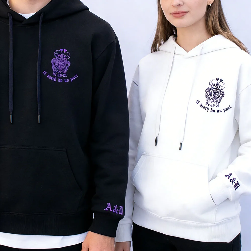 Sudaderas con capucha para parejas con estampado de calavera, nombre personalizado, fecha, hasta la muerte, sudaderas a juego, regalo de aniversario del Día de San Valentín para ella