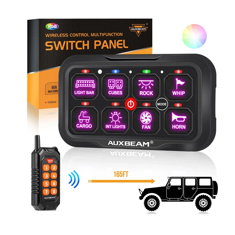 AUXBEAM RC-800 RGB 8 Gangs LED Switch Panel Universal LED Lights Electronic  On-Off Control Relays System with Remote Control
