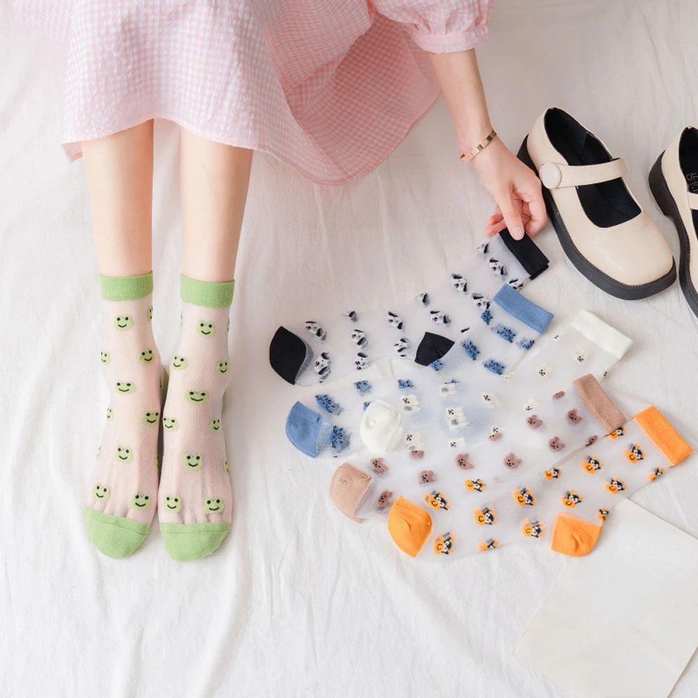 Harajuku Style Summer Thin Transparent Crystal Silk Socks Funny Animal Cat Rabbit Frog Pattern Design Personality Women Socks