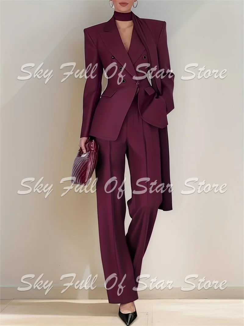 Women Suit Set 2 Pcs Scarf Double Breasted Sash Blazer+Straight Pants Custom Formal Evening Wedding Business Luxury Lady Jacket