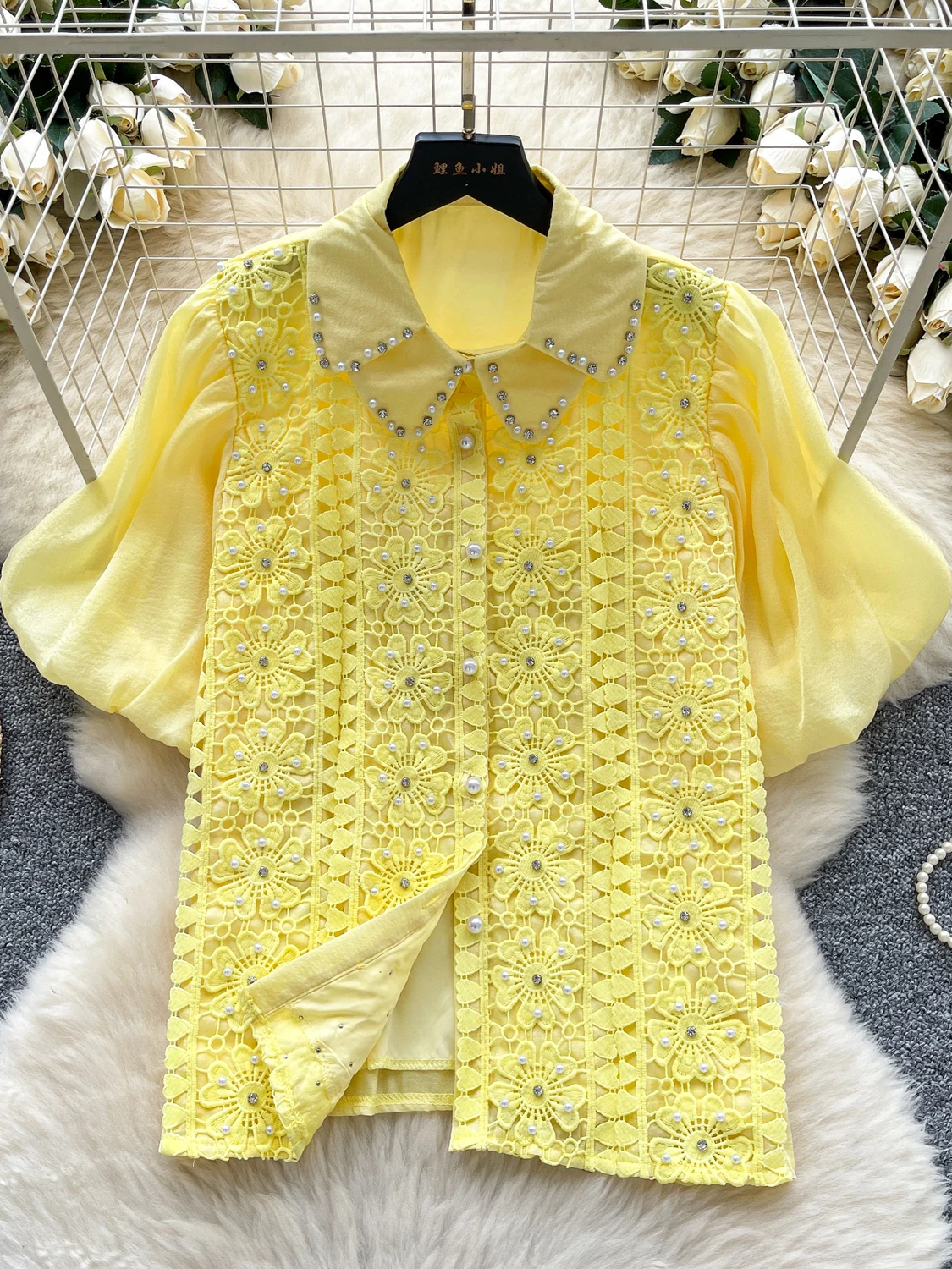 Csa e de manga de burbuja de encaje adornada para mujer, Top e y versátil de lujo de verano, estilo coreano,...